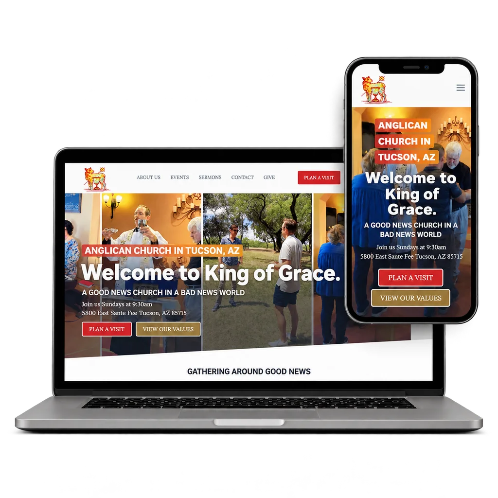 King of Grace Anglican Church website shown in an illustrative laptop and phone mockup