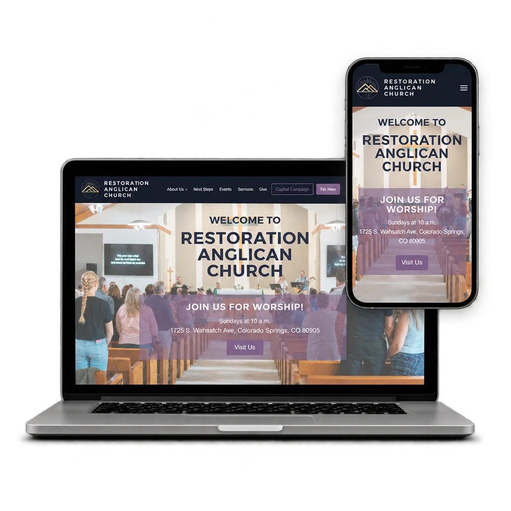 Restoration Anglican Church, Colorado Springs website shown in an illustrative laptop and phone mockup