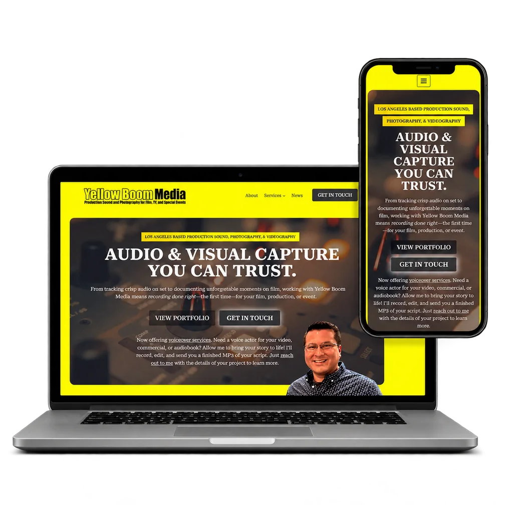 Yellow Boom Media website shown in an illustrative laptop and phone mockup